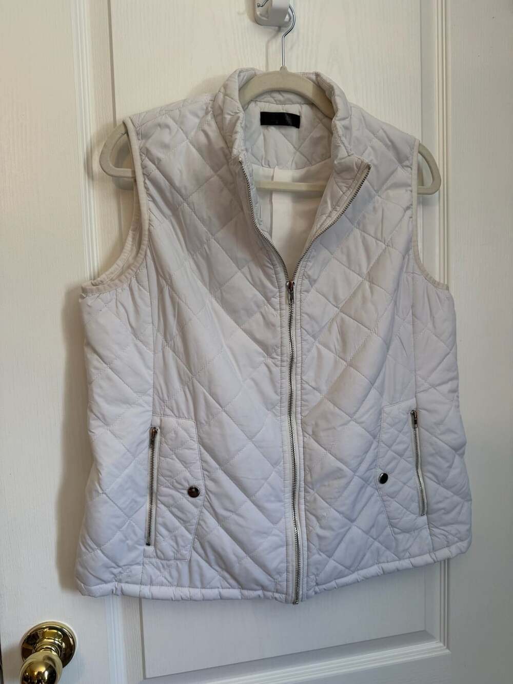 Unbranded Quilted Vest Size L White Stand Collar Zipper Pockets